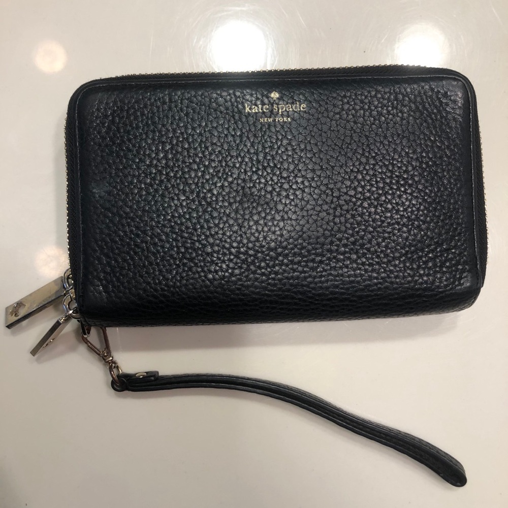 Kate Spade black leather double zip wallet clutch